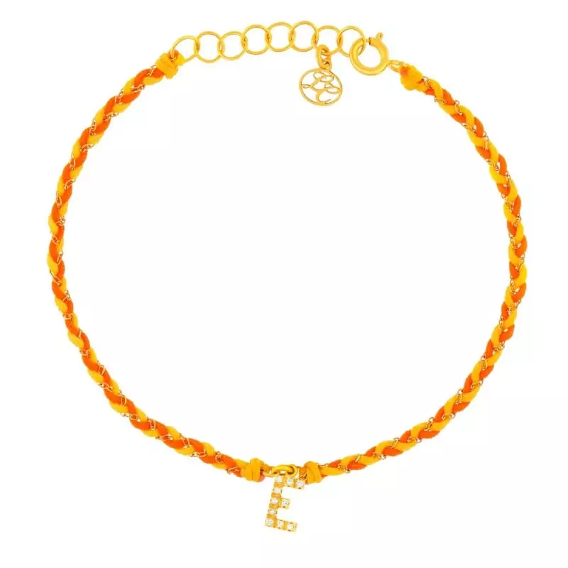 Collection bijoux initiale - Bracelet chaine et cordon orange et jaune • Initiale diamants