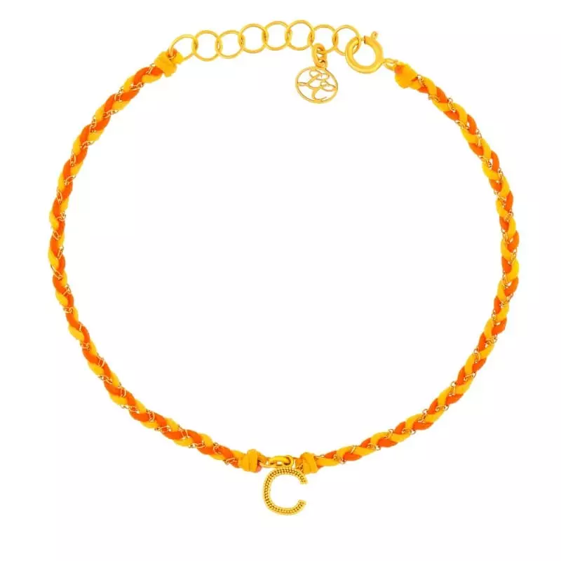 Collection bijoux initiale - Bracelet chaine et cordon orange et jaune • Initiale or