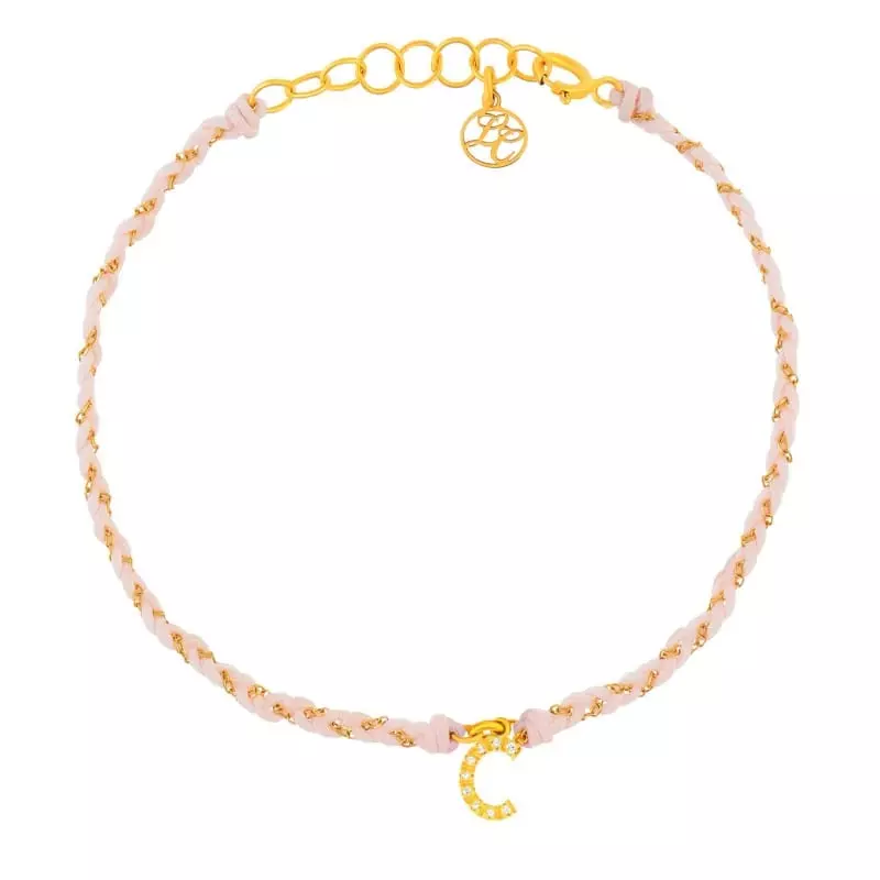 Collection bijoux initiale - Bracelet chaine et cordon rose pale • Initiale diamants