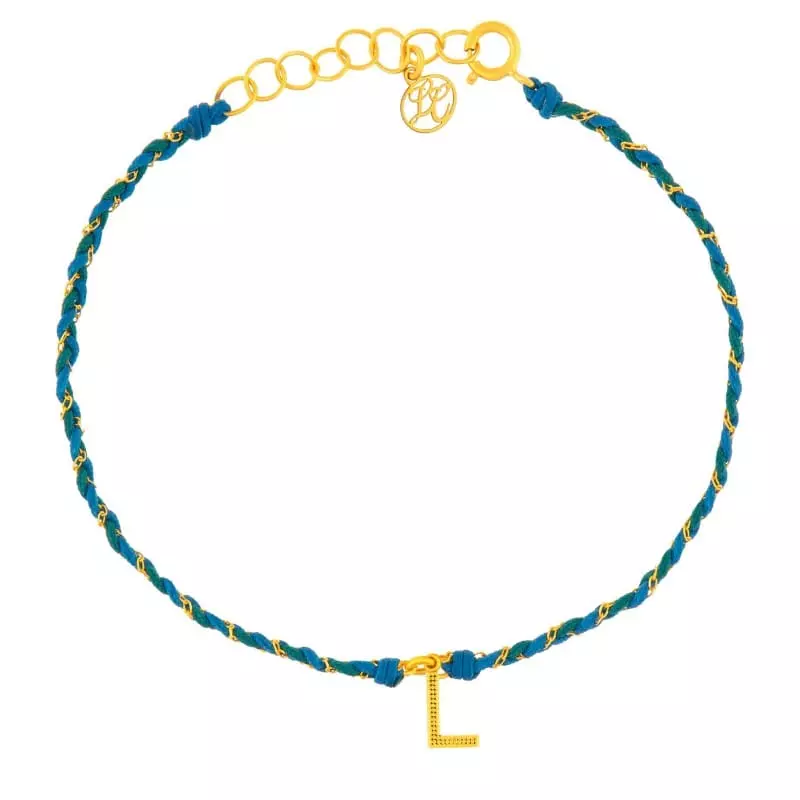 Collection bijoux initiale - Bracelet chaine et cordon nuance de bleu • Initiale or