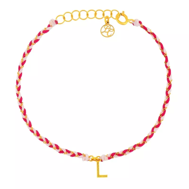 Collection bijoux initiale - Bracelet chaine et cordon rose fuchsia • Initiale or