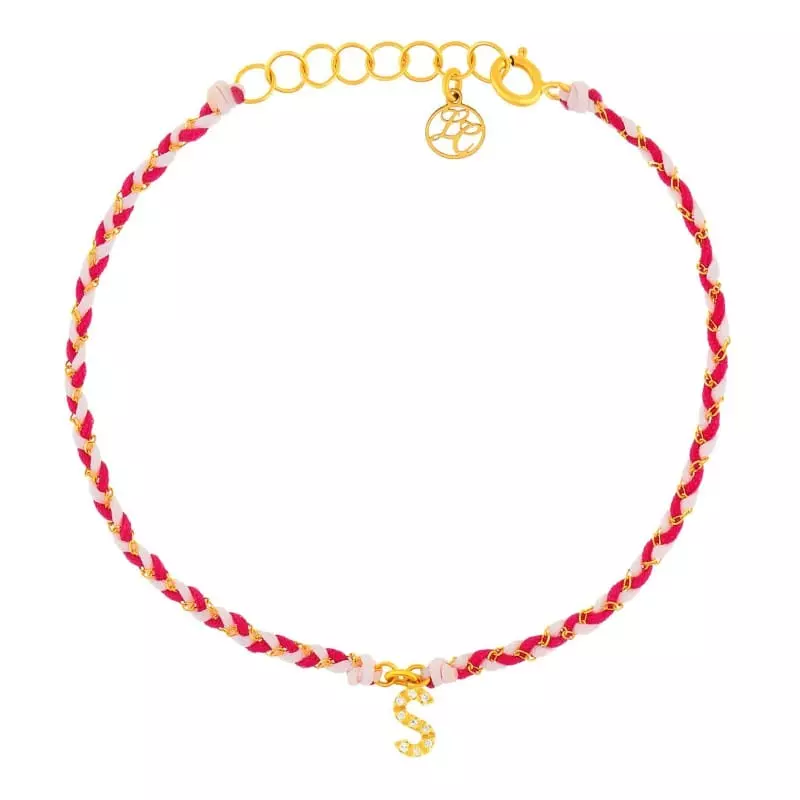 Collection bijoux initiale - Bracelet chaine et cordon rose et fuchsia • Initiale diamants